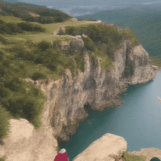 A captivating scene captured from behind, depicting a family standing at the edge of a cliff, joyously raising their arms as they relish and admire the breathtaking view ahead.