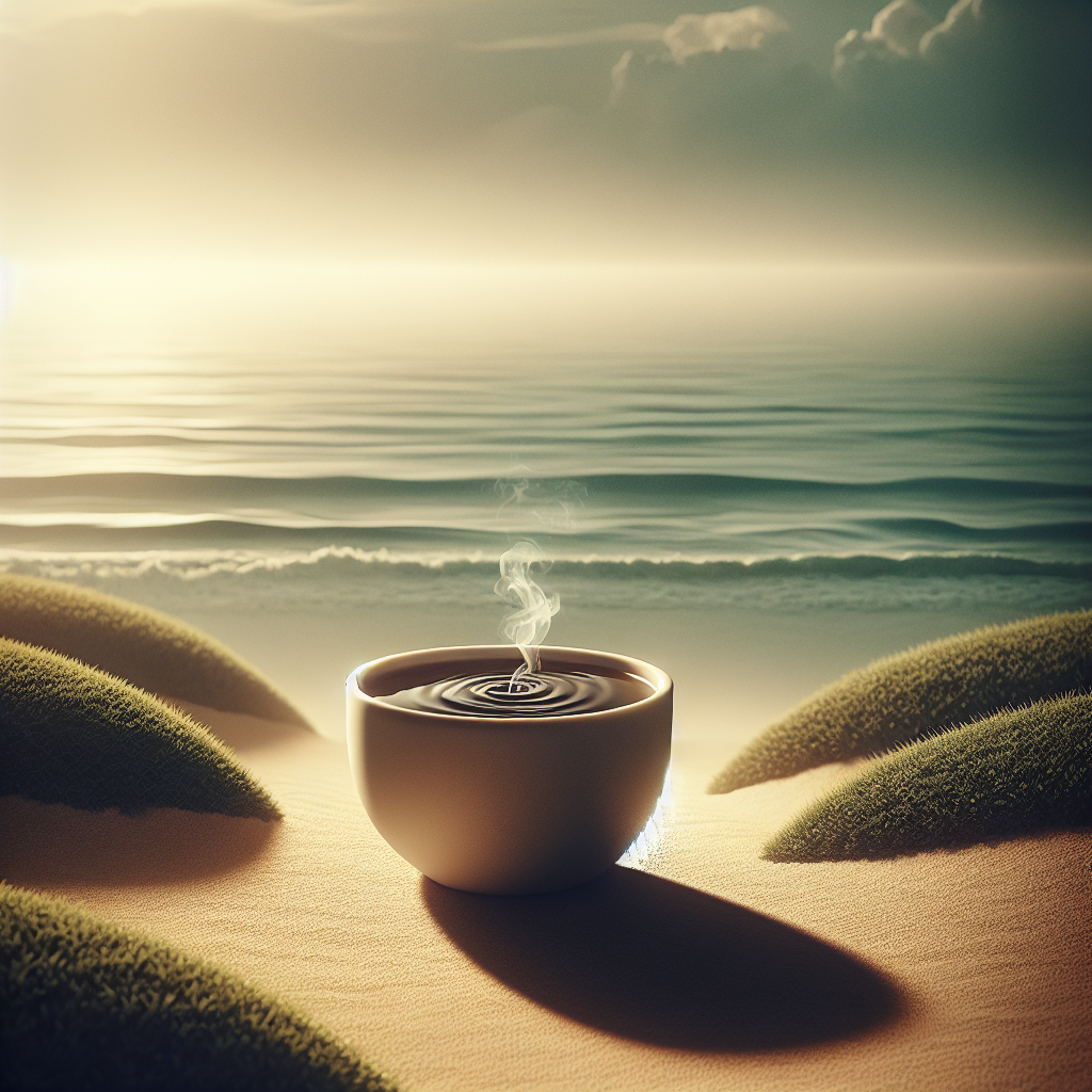 Capture the essence of tranquility in a single image featuring a cup of tea or coffee against a serene backdrop.