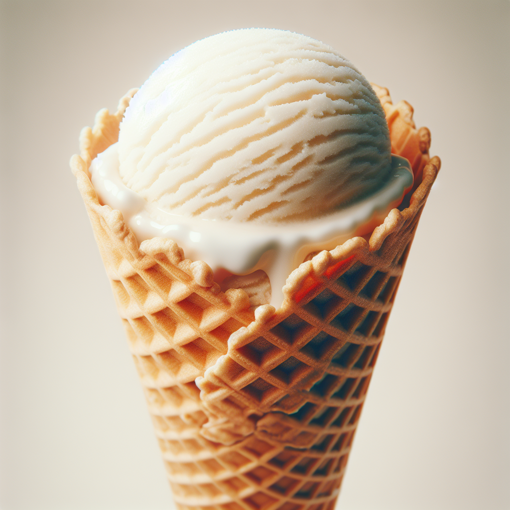 Classic vanilla ice cream cone adorned with a generous scoop of vanilla ice cream