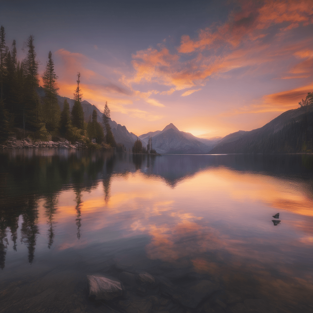 A serene sunset over a tranquil mountain lake