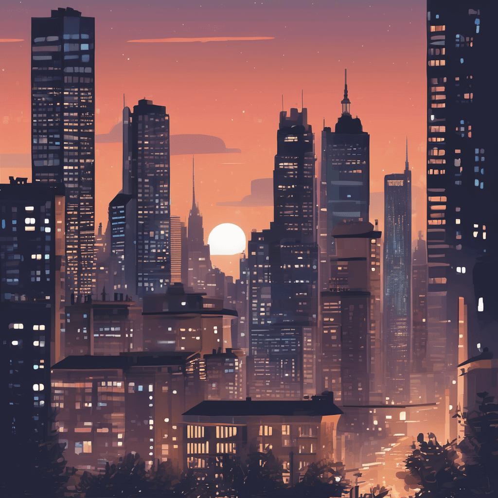 Illustrate a city skyline during the twilight hours, capturing the interplay of city lights and the fading daylight.