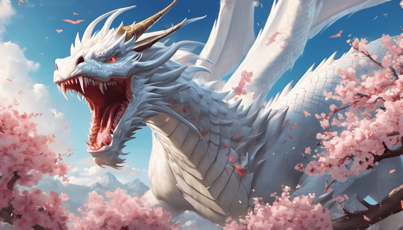 A giant white dragon with its mouth open, surrounded by flying cherry blossoms and birds in the sky, in the style of League of Legends game art design. --ar 73:91 --v 6.0