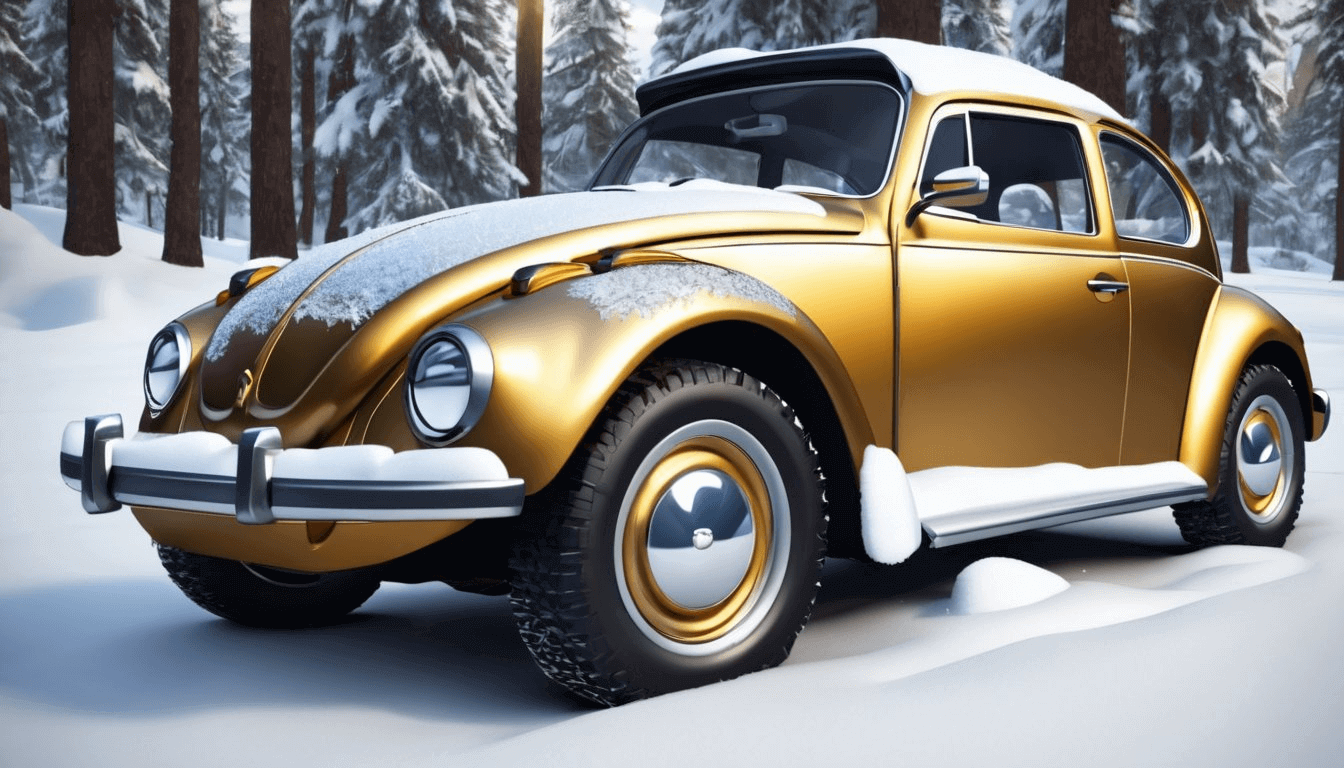 logo-icon-3d-golden-and-silver--vw-beetle-forest-adventure-car-with-snow-on-it-snow-on-the-ground