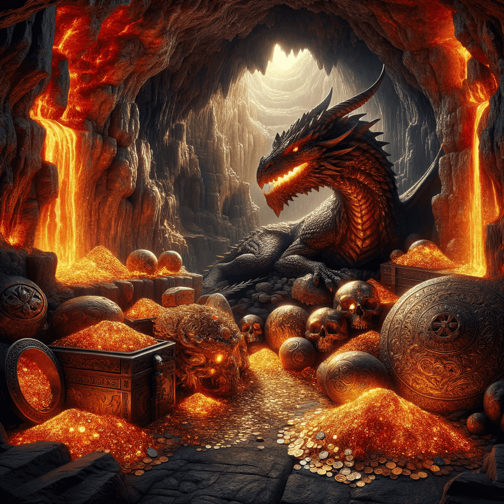 Picture a hidden cavern deep within a mountain, illuminated by the fiery glow of molten lavaâ€”a dragon's lair filled with glittering treasures and ancient artifacts