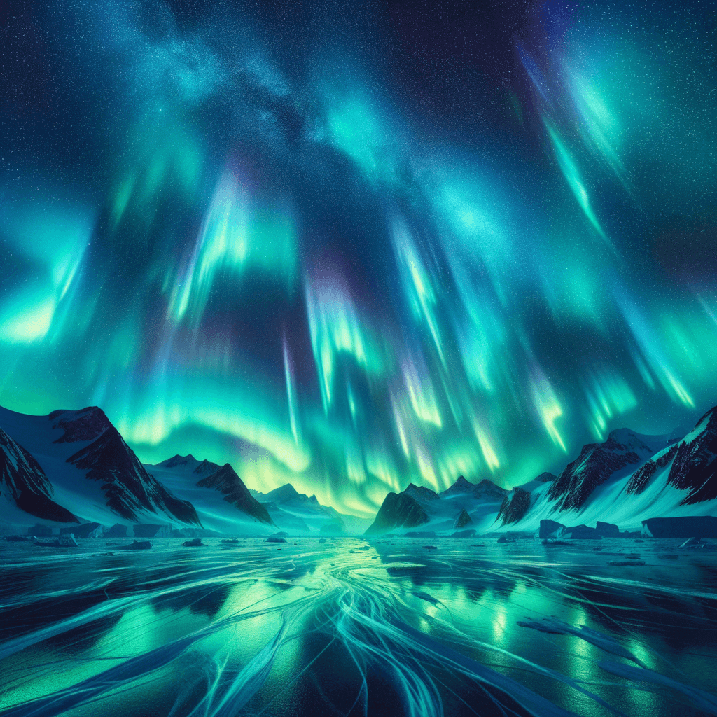 an image of the northern lights dancing across the Arctic sky in a mesmerizing display of color and light, while snow-capped mountains stand sentinel beneath the shimmering celestial spectacle