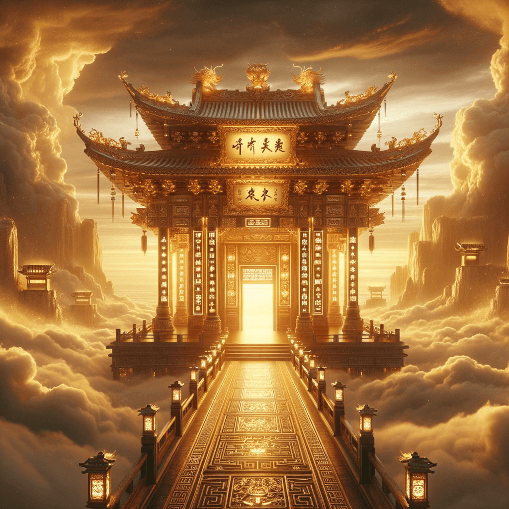 Picture a grand chinese temple floating in the sky, surrounded by clouds and bathed in golden light, with ancient symbols and runes glowing softly on its walls