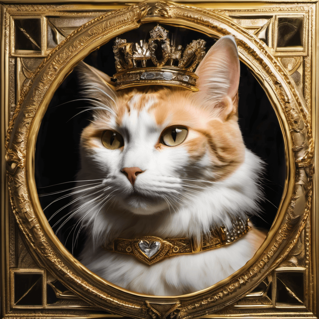 portrait of a royal cat wearing a crown in a golden engraved frame.