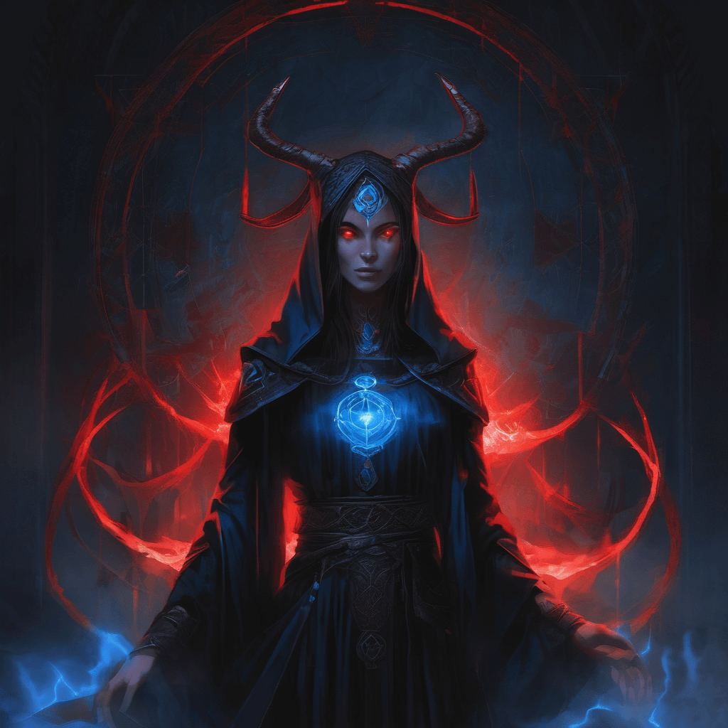 Female figure with glowing red eyes, wearing dark robes adorned with glowing blue runes. She has horns and an eerie presence. The background is a dark, mystical setting with shadows and dim light.