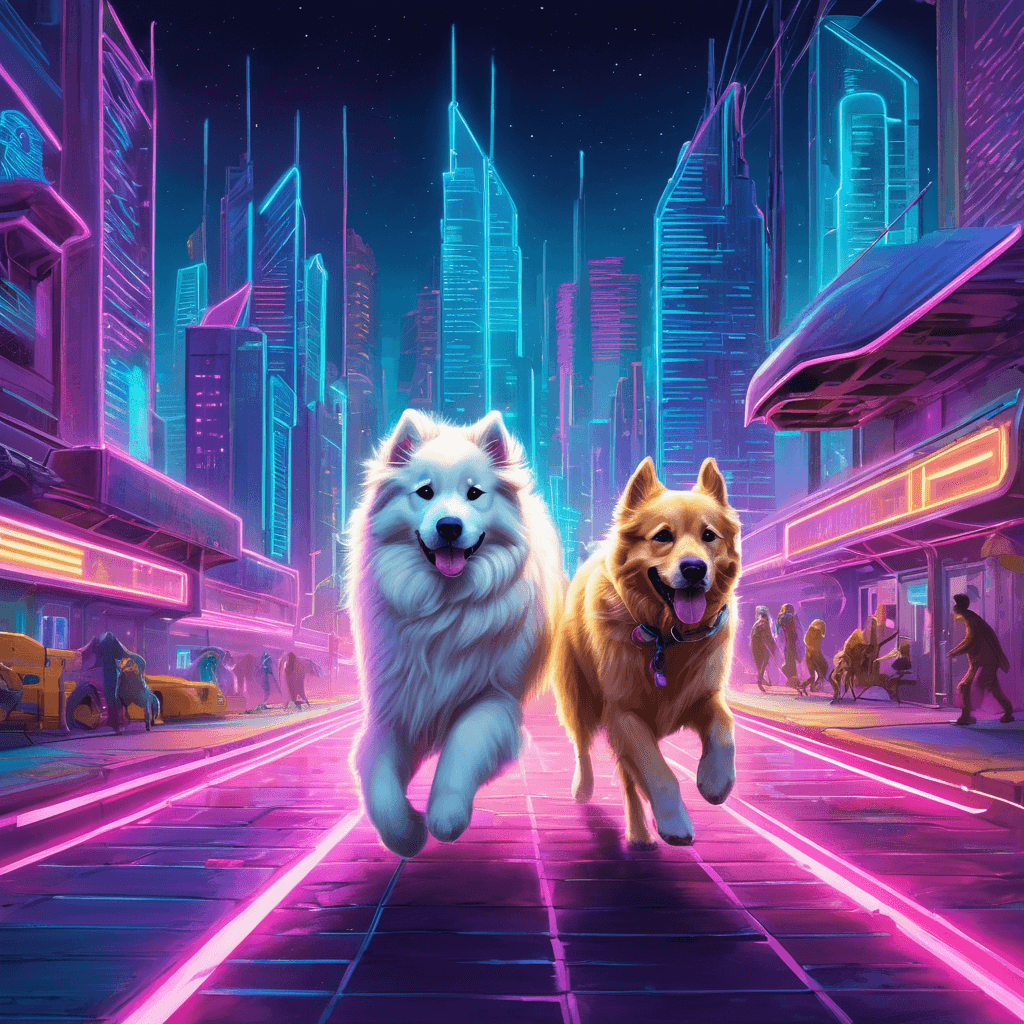 A Samoyed and a Golden Retriever dog are playfully romping through a futuristic neon city at night. The neon lights emitted from the nearby buildings glistens off of their fur.